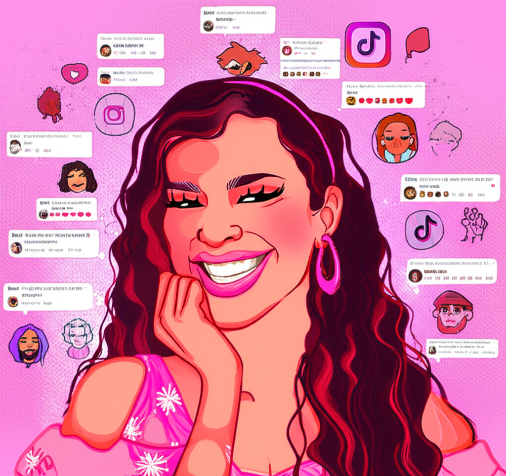 Illustration of Qveenjulia as a dynamic social media influencer engaging with followers on TikTok and Instagram