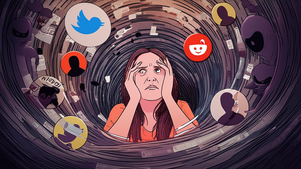 Vortex of online rumors with anonymous posters overwhelming a central female figure