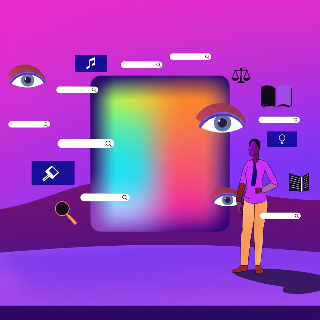 Digital landscape with search queries and a resilient female streamer amid ethical symbols