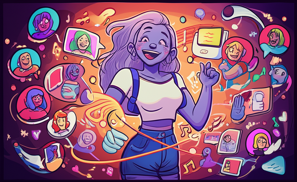 Stylized illustration of Mysticbeing engaging with her online community, highlighting her unique content and fan connections