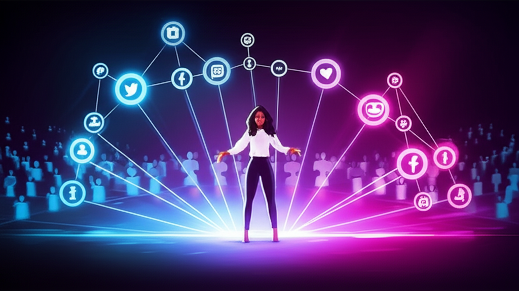 Illustration of a vibrant digital landscape with glowing social media icons and a central figure Athena Pariss captivating an audience online representing her emergence as a notable digital figure