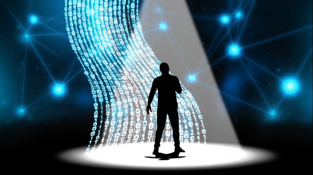 Silhouetted figure standing exposed under a spotlight made of digital data streams symbolizing loss of privacy, a network of glowing nodes in the background