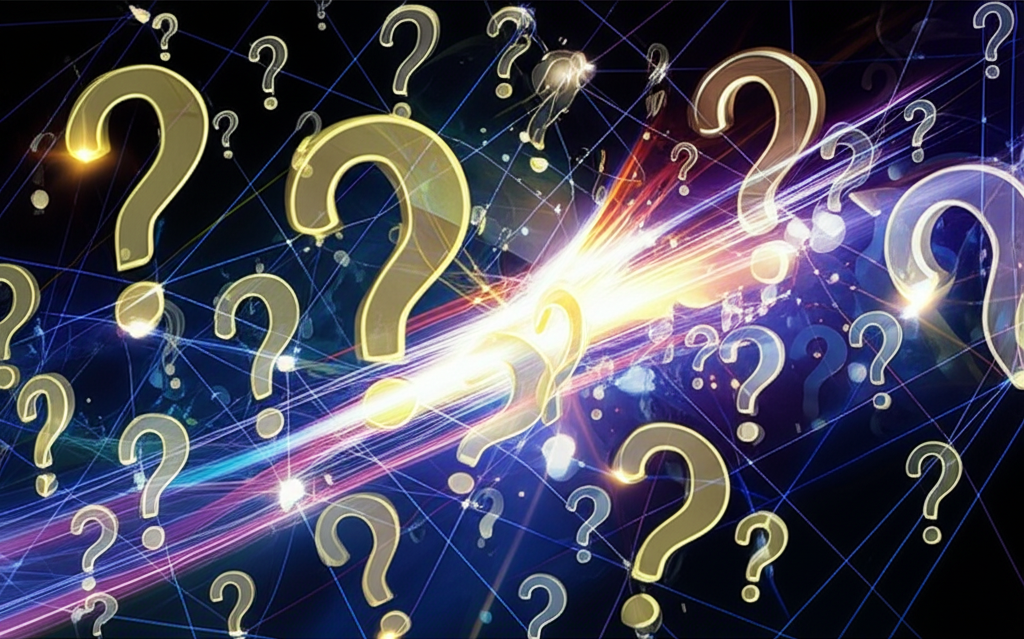 Stylized digital network with scattered question marks and glowing data streams representing online rumors and misinformation