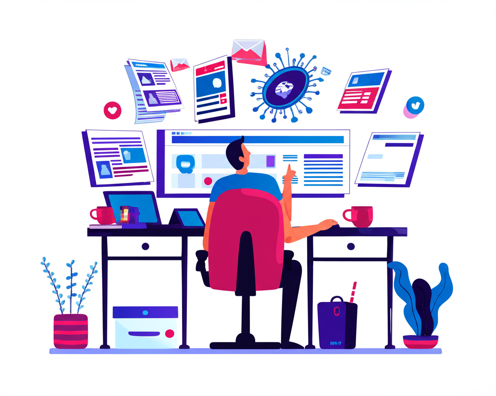 Busy marketer using AI tools to streamline content creation in modern office