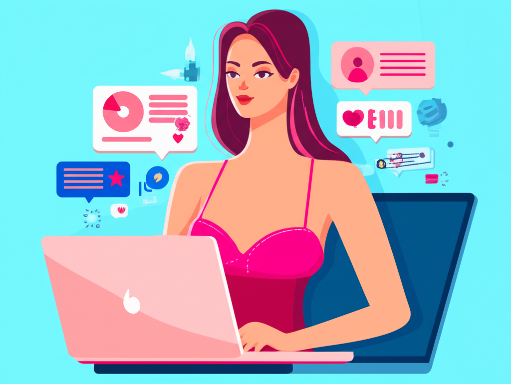 Illustration of Jules Ari rising to prominence in the adult content industry leveraging digital tools and social media to build a personal brand attracting a dedicated following