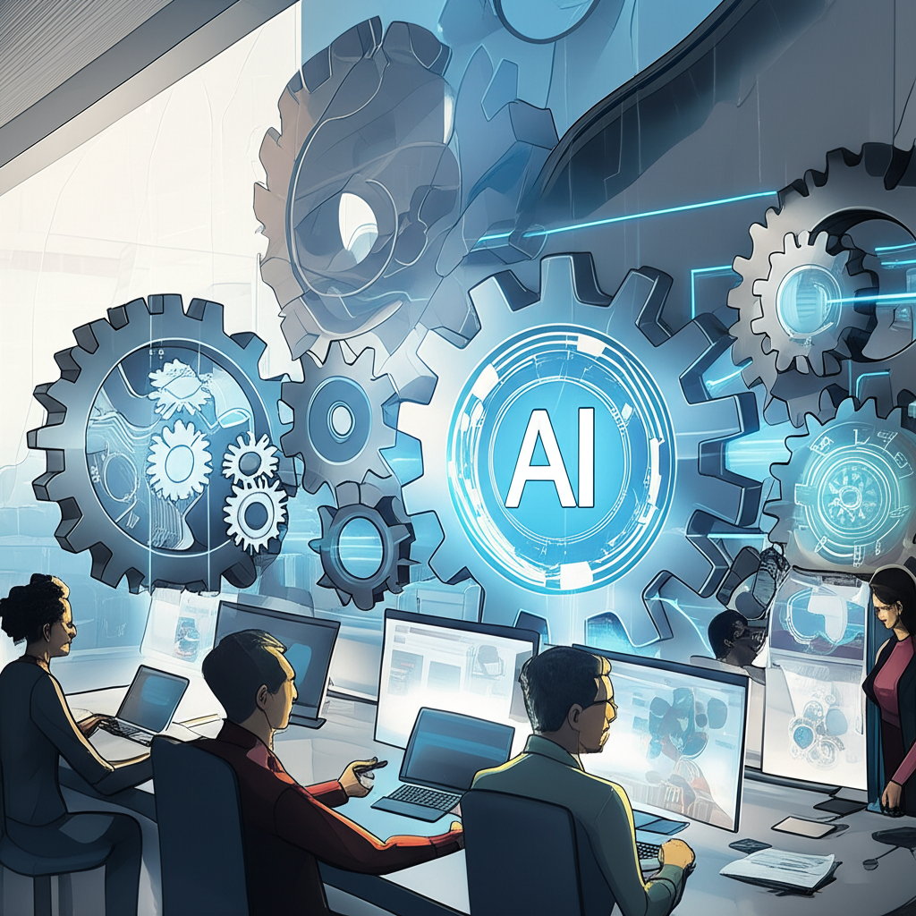 AI writing tools as interconnected gears with diverse team benefiting in creative workspace