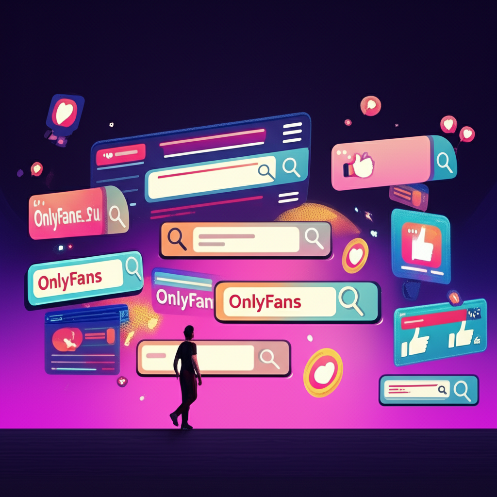 Illustration of navigating digital landscape with search bars, OnlyFans icons, leaked content warnings, and ethical support for Andie Elle