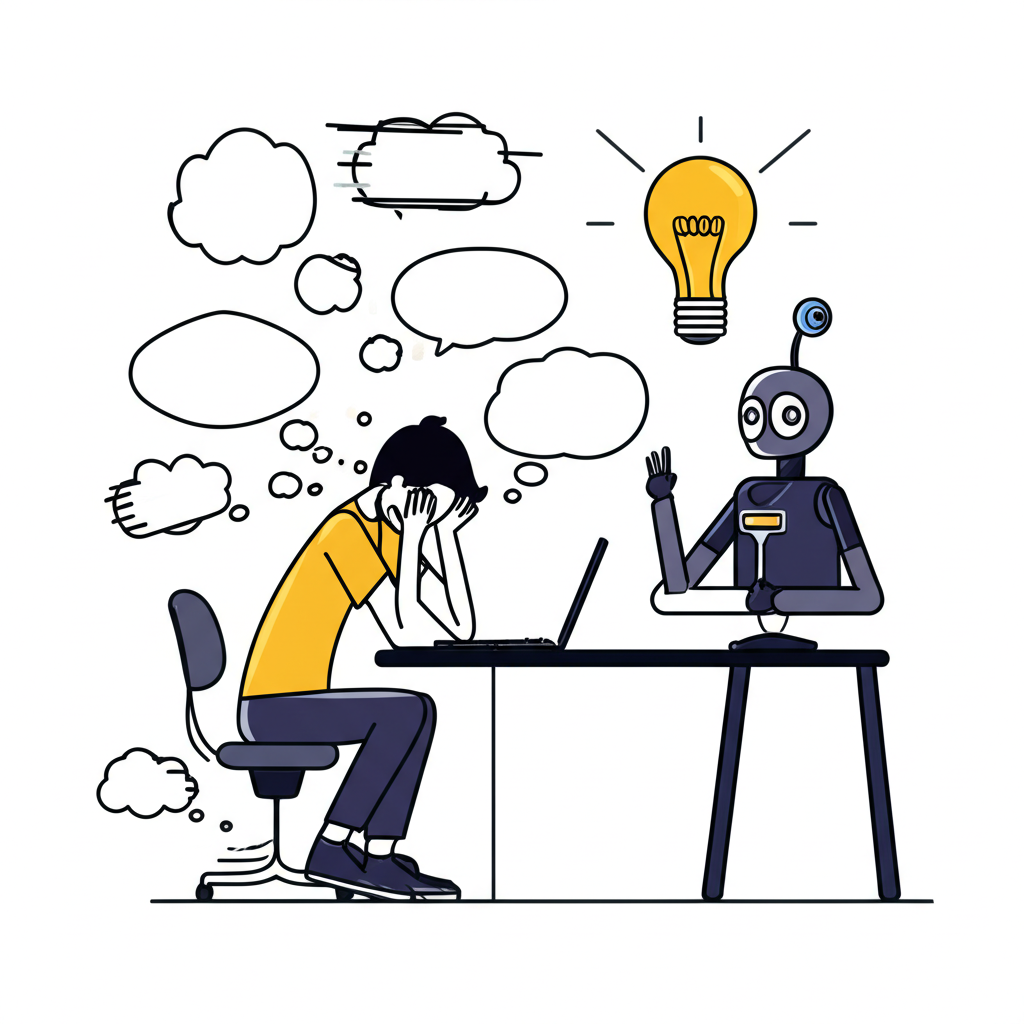 Marketer facing writer's block with spinning clocks, illuminated by AI ideas from swipey.ai