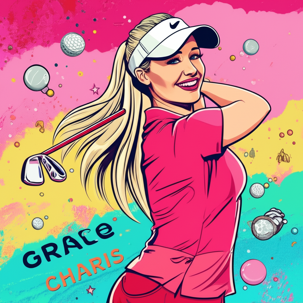Grace Charis, a charismatic golf influencer with a large Instagram and TikTok following, showcasing athletic skill and golf fashion in a vibrant digital landscape