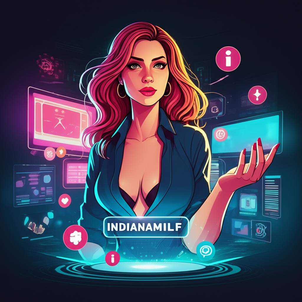 Illustration of IndianaMILF as a confident digital creator on OnlyFans with glowing screens and niche content in a modern online landscape