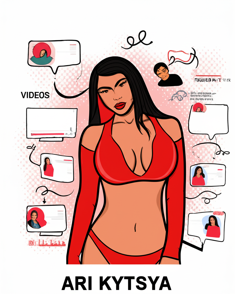 Illustration of Ari Kytsya as an OnlyFans creator with exclusive content spreading into online forums, representing the narrative of leaked videos and photos