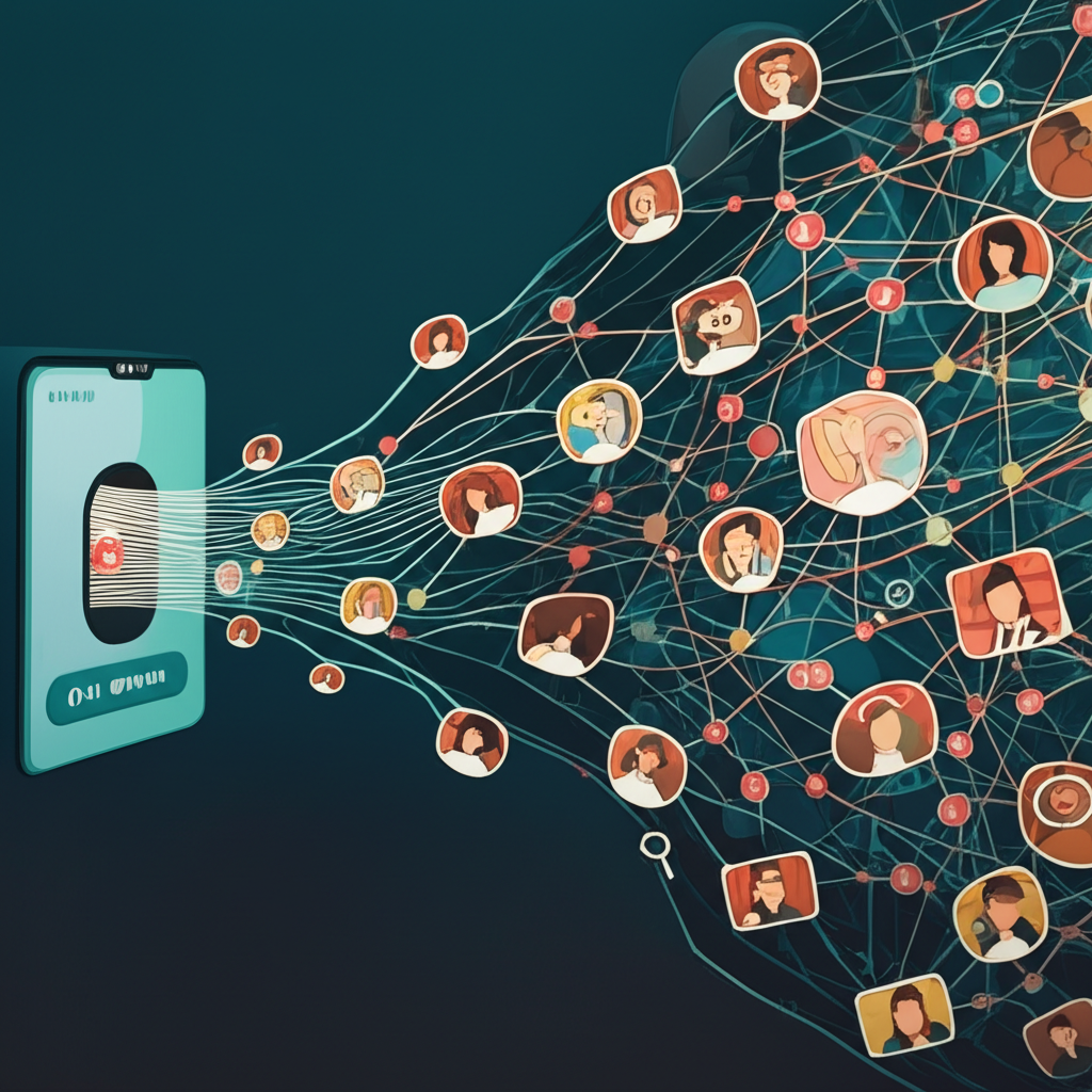 Illustration of melimtx leak phenomenon with content leaking from OnlyFans into a web of platforms like Reddit and Twitter for unauthorized sharing