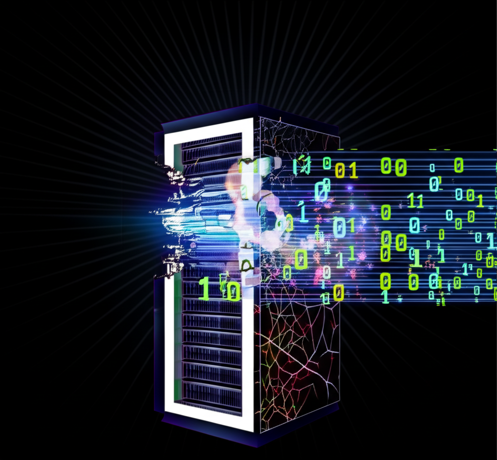 Digital data leaking from a broken server with cyber elements and code fragments
