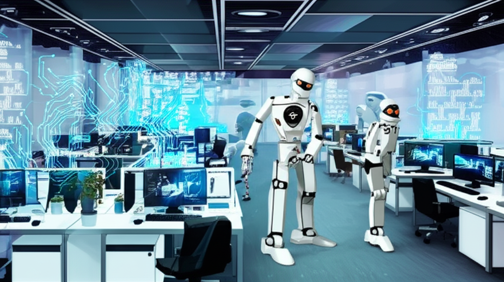 Illustration of AI transforming a busy office with glowing data streams and automated robots for enhanced productivity