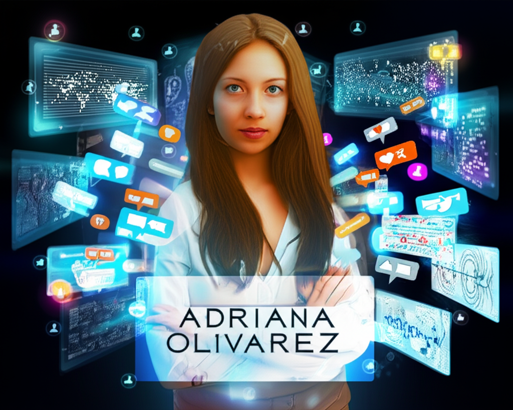 illustration of a woman named Adriana Olivarez surrounded by glowing digital screens and social media icons a mysterious aura online content creator digital enigma