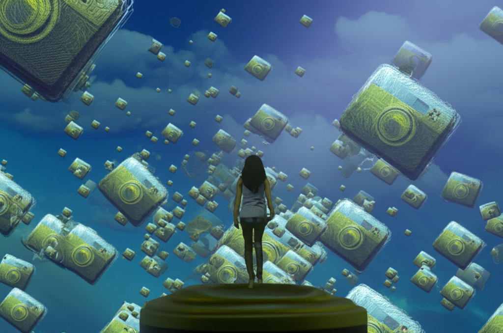 Illustration of Yemada standing on a unique platform representing her distinct niche, surrounded by floating icons of aesthetics, themes, and personal interests like artistic photography and lifestyle documentation, indicating her tailored content resonating with a specific audience