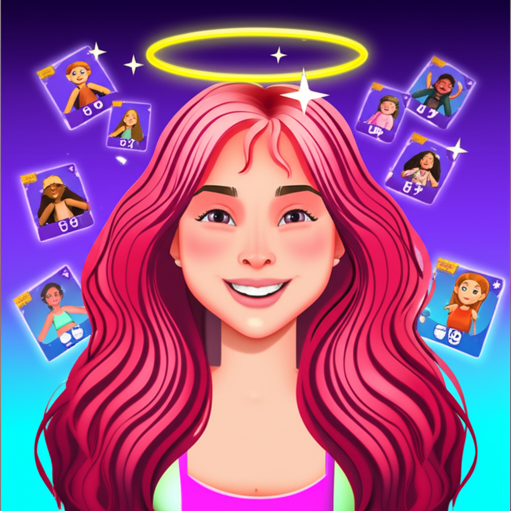 Illustration of vibrant digital content creator Yemada with a halo effect on a trending social media platform, surrounded by curious digital avatars and sparkling exclusive content icons, highlighting her rising popularity and intimate online connections