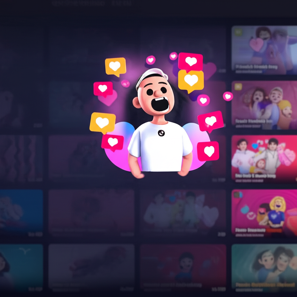 Illustration of vibrant TikTok interface with video clips and creator surrounded by followers and glowing hearts