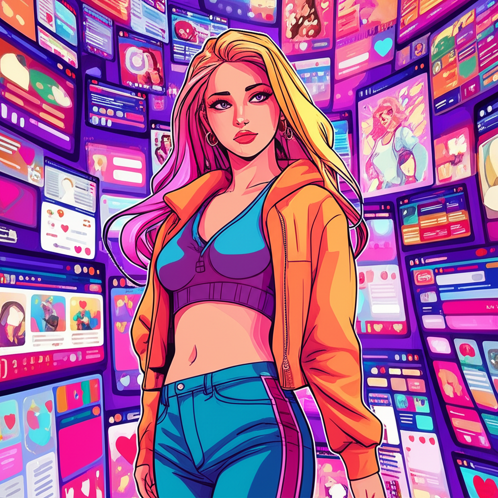 Yumieto as a captivating digital content creator in a vibrant online world with fans on screens highlighting her OnlyFans trend