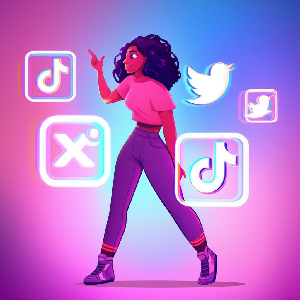 Illustration of Aishah Sofey interacting with floating Instagram, X, and TikTok logos, symbolizing her verified profiles and fan engagement across platforms