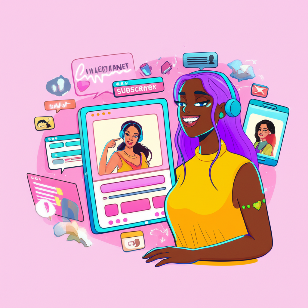 Illustration of modern digital creator Lildedjanet connecting with fans on OnlyFans, focusing on exclusive content and ethical support in the creator economy
