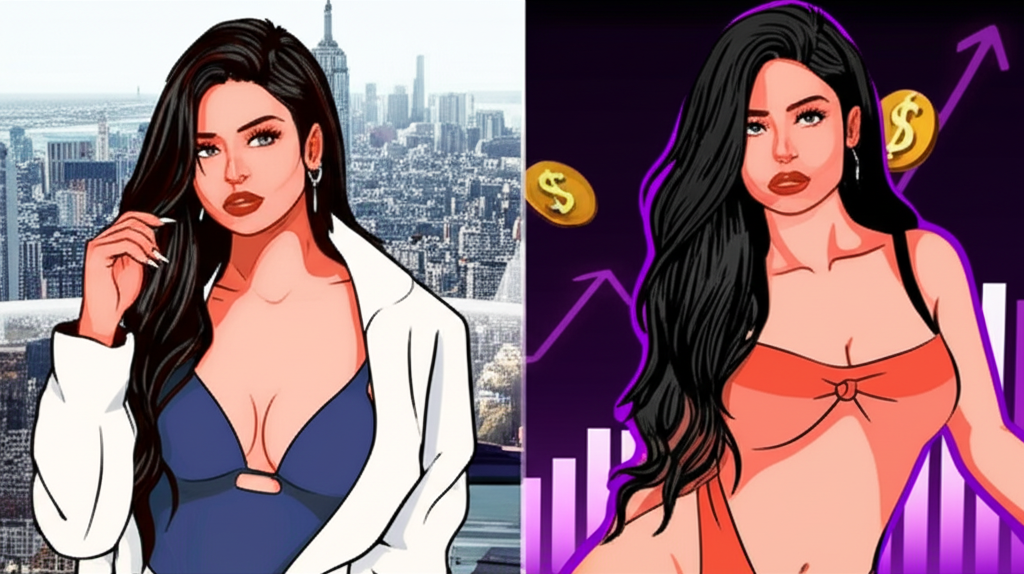 An illustration depicting Karely Ruiz's online evolution from an Instagram model posting high-quality photos to an OnlyFans star offering revealing content as a strategic business move to monetize her brand