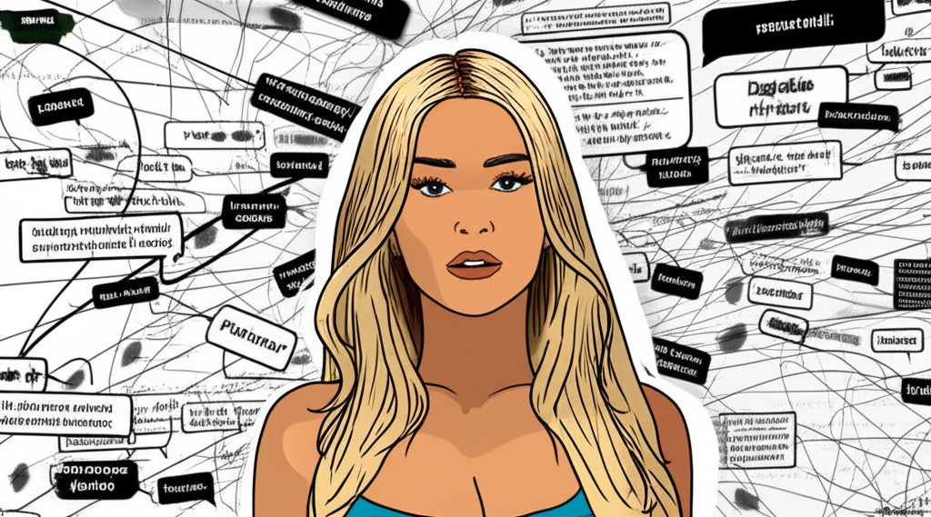 Illustration of social media influencer Mikaela Testa navigating online discussions and rumors about alleged leaks amid digital noise and speculation