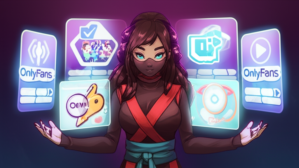 Illustration of Kittynobi managing multiple digital platforms including OnlyFans and Twitch with icons representing exclusive content and live streaming