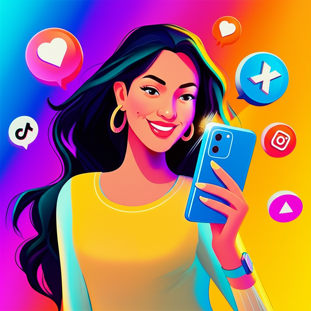 illustration of Vanessa Legrow a vibrant digital creator engaging with her audience across multiple social media platforms like TikTok Instagram and X sharing diverse content from lifestyle to comedy building a strong public persona