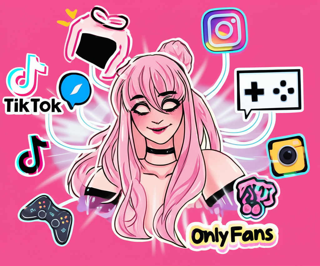 Vibrant illustration of Hannah Owo's online persona featuring cosplay, gaming, and lifestyle elements linked to TikTok, Instagram, and OnlyFans icons