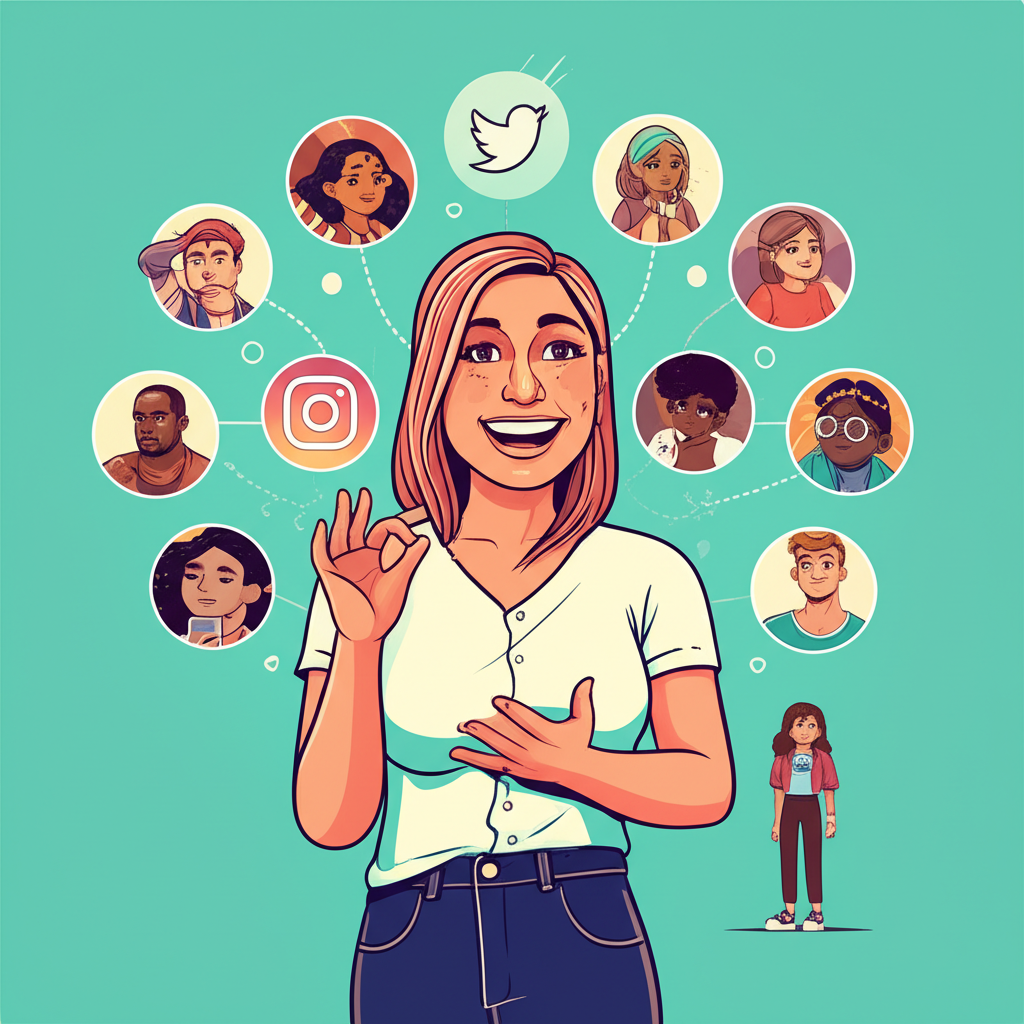 An illustration of a digital personality Kaitlyn Krems engaging with a diverse online audience across social media platforms and a private subscription service with a curious user observing from a distance