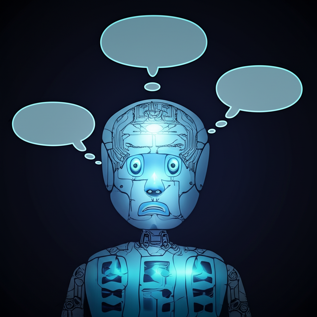 Confused AI assistant with empty thought bubbles in a digital void