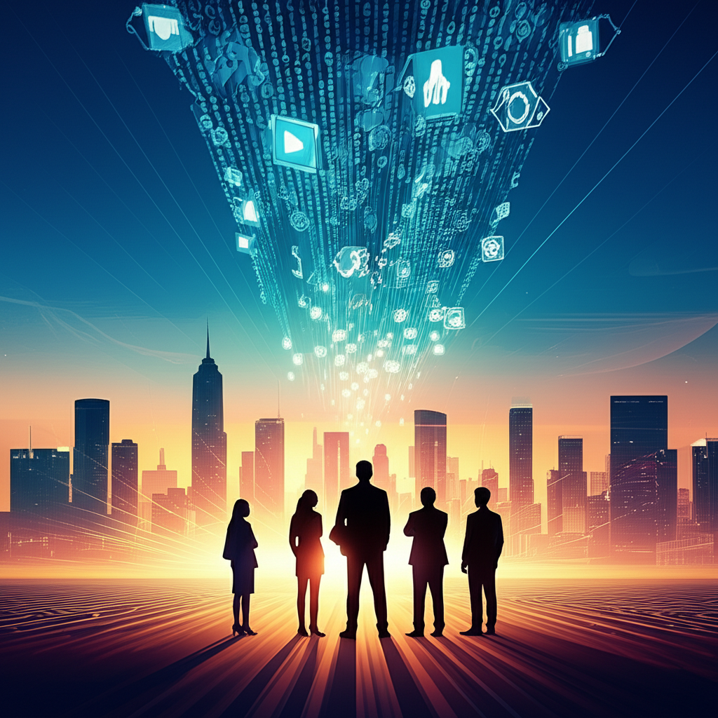 Digital dawn breaking over a cityscape with data streams and predictive analytics flowing into sales teams