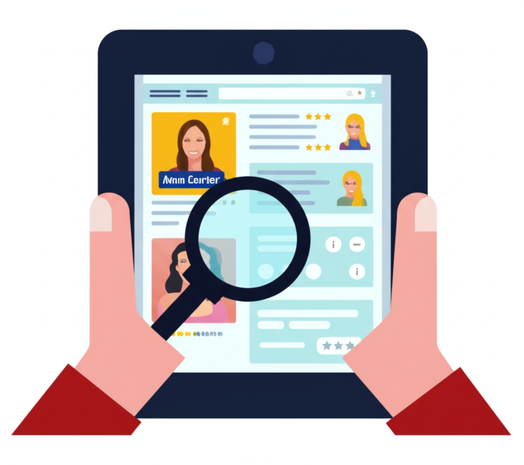 Digital explorer magnifying Anna Caarter's OnlyFans profile with icons for reviews and guides