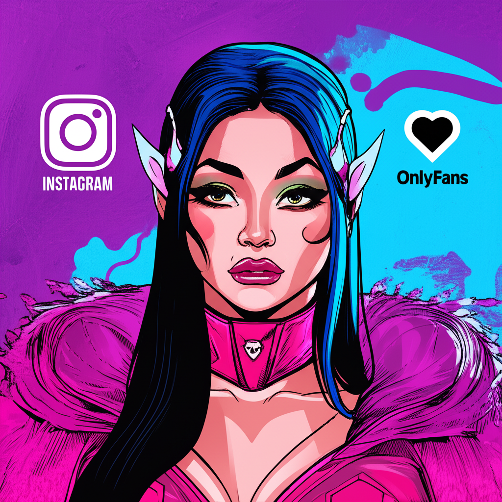 Illustration of Ash Kaash as a vibrant digital creator with bold makeup and distinctive style, transitioning from Instagram and TikTok to OnlyFans in the creator economy