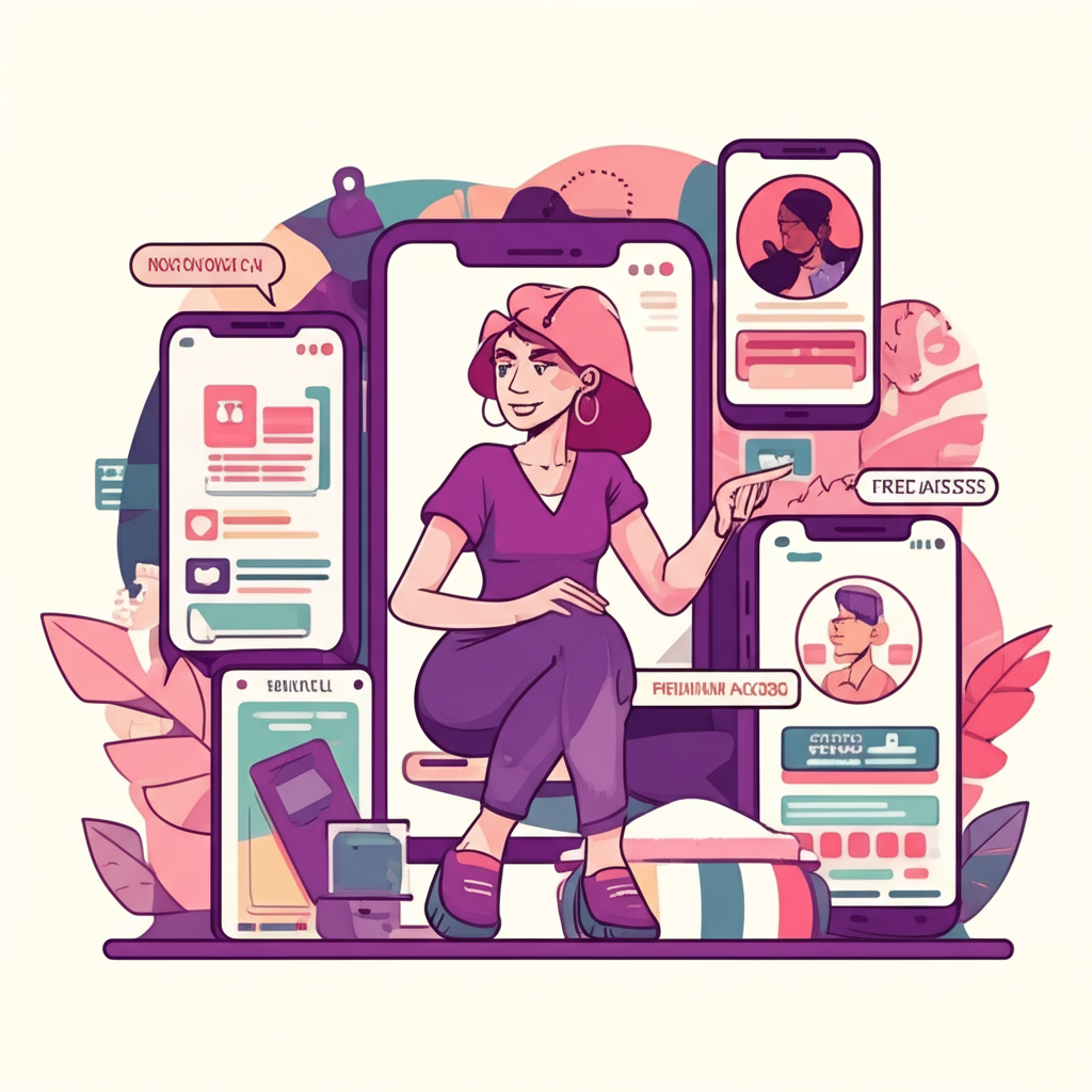 Illustration of a confident female figure named Miss Donatella as an adult content creator producing explicit videos and photos for an online audience with various digital platforms in the background representing her work