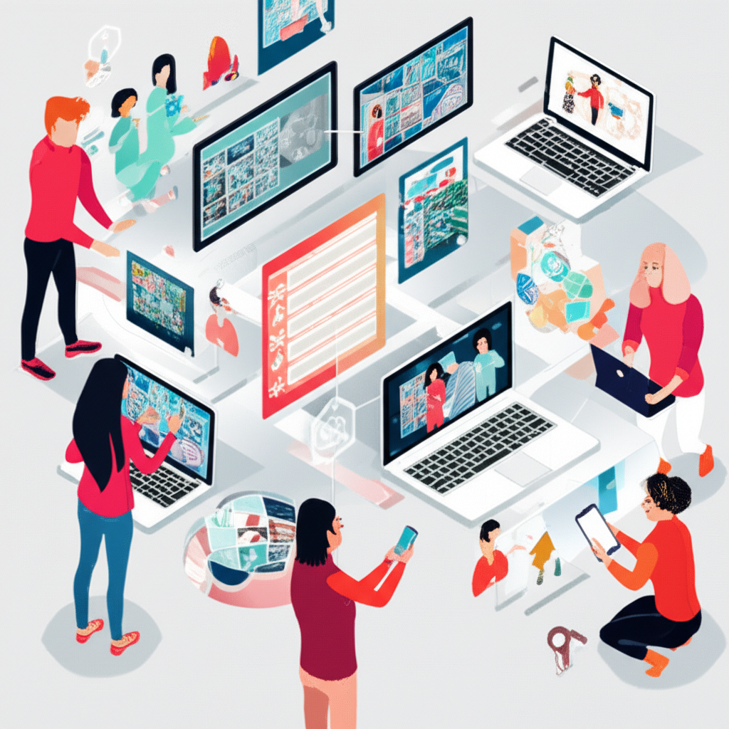 Illustration of diverse individuals interacting digitally with glowing connections representing online personas and content creation in a modern digital landscape