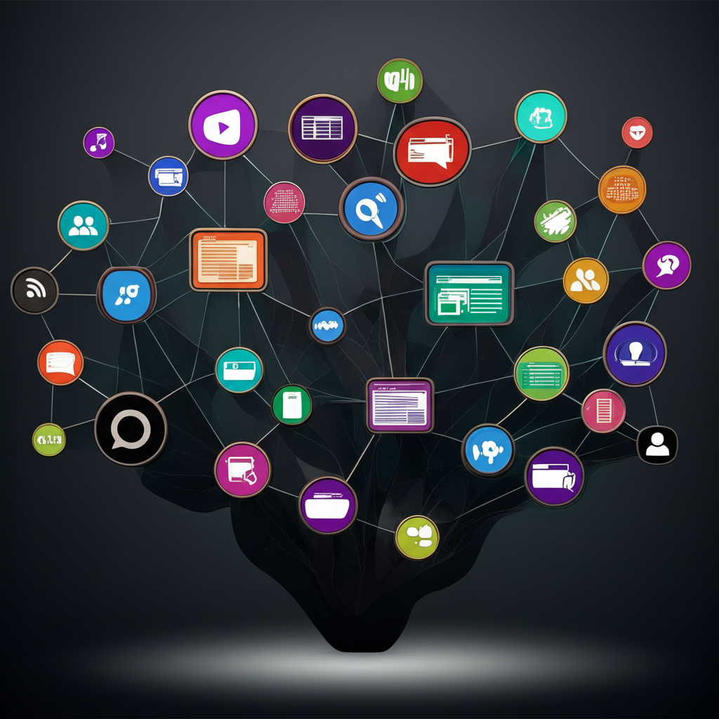 Visual representation of a dark network formed by social media icons, messaging apps, and illicit websites distributing unauthorized OnlyFans content