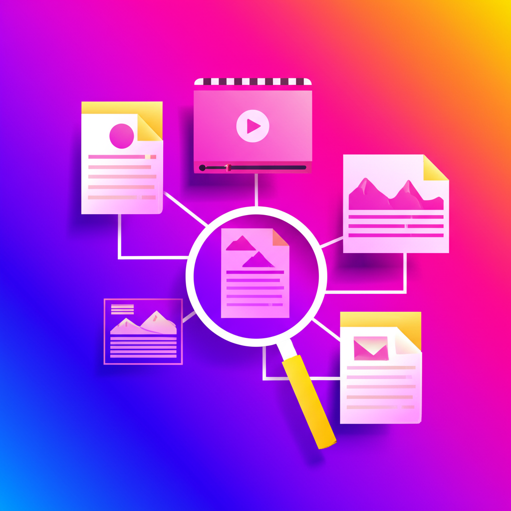 Network of interconnected digital platforms with icons for video, photos, files, and a magnifying glass representing the search for explicit content packs