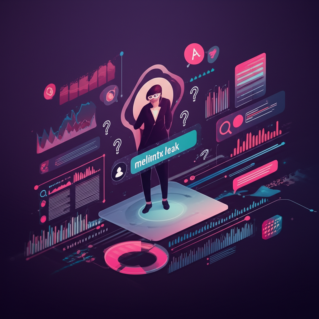 Digital landscape illustration showing trending searches for melimtx leak with user queries and data streams