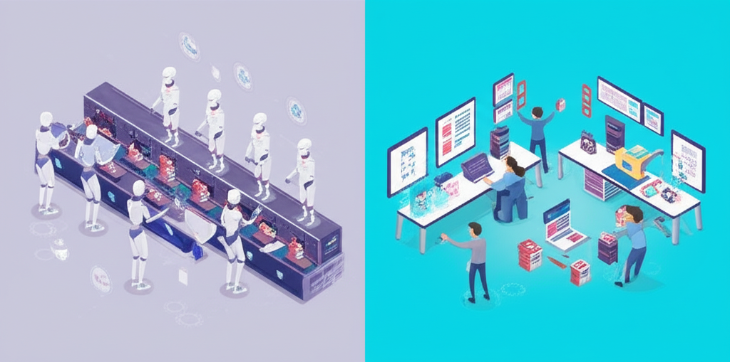Contrasting scenes of efficient AI-powered content creation versus chaotic, outdated marketing workflows