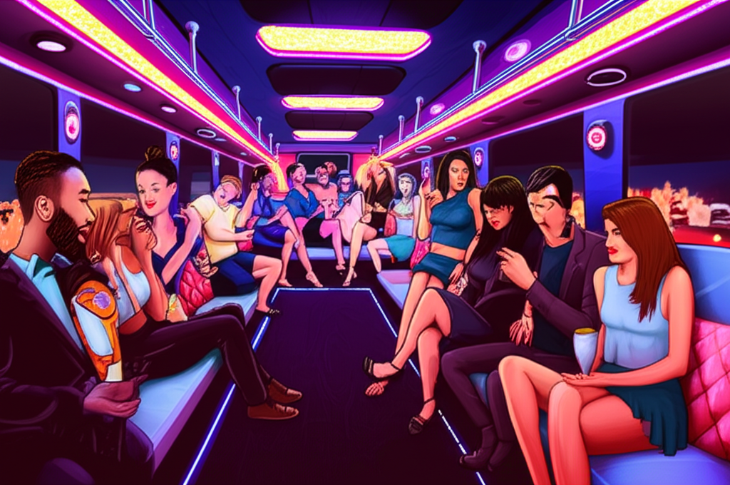 Vibrant party bus interior featuring explicit group activities that capture the forbidden thrill of fanbus xxx for Western viewers