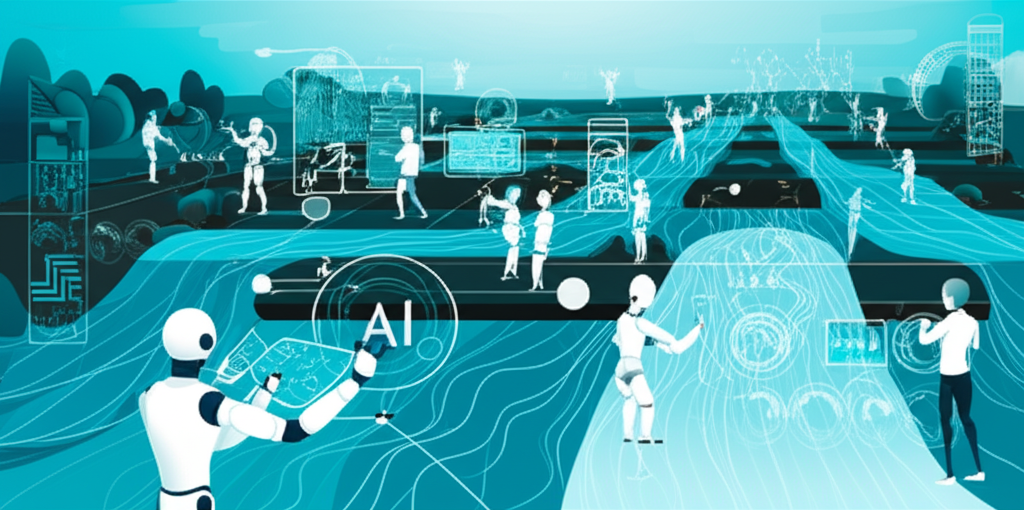 Illustration of a digital landscape with content flowing like rivers and AI robots helping humans create and manage information, emphasizing productivity and innovation