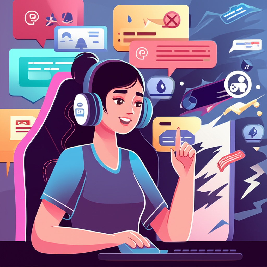 Illustration of Cinnabrit as a female streamer engaging with her online community on Twitch, transitioning to a digital landscape with leaks and discussions