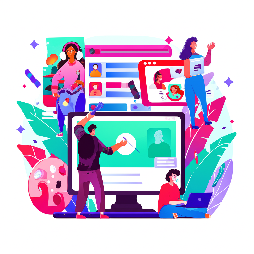 illustration of diverse content creators building personal brands and monetizing exclusive content on subscription platforms in a vibrant digital economy