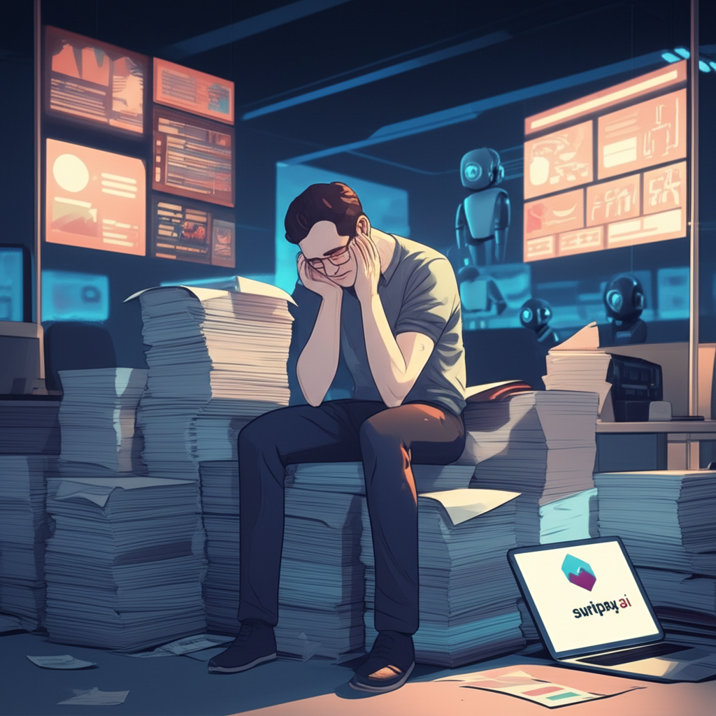 Marketer overwhelmed by stacks of content in a busy office, with AI tools like swipey.ai streamlining the process in the background