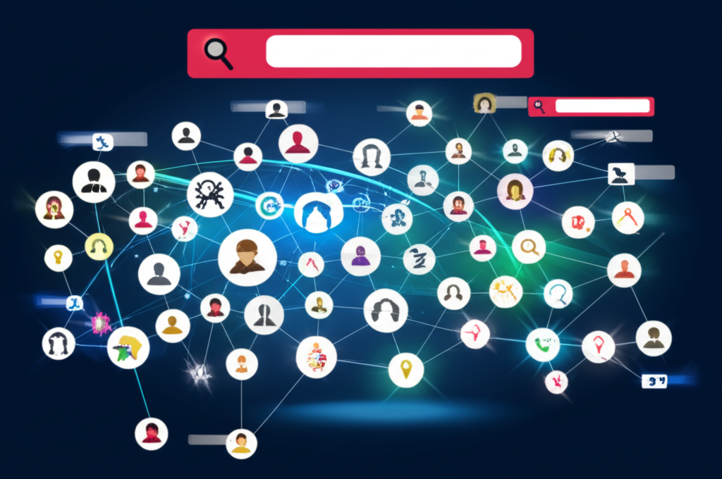 Illustration of online profiles connected by glowing lines representing digital footprints and identity variations