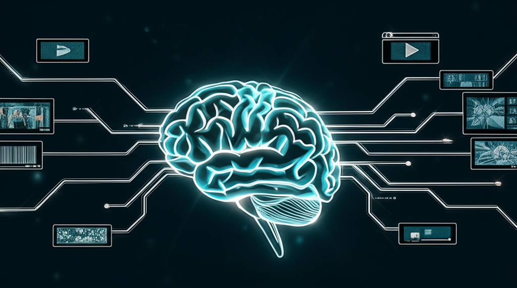 Illustration of a glowing brain connected to a digital stream of text, images, and videos symbolizing AI's role in modern content strategy