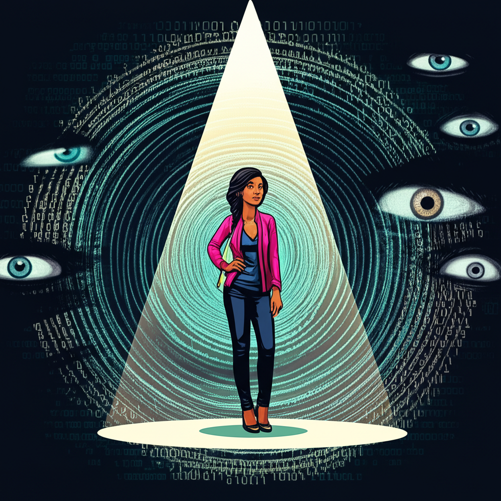 illustration of a digital creator Vanessa Legrow in a spotlight surrounded by swirling digital data and curious eyes emphasizing vulnerability to online controversies and the challenge of maintaining privacy in the digital age
