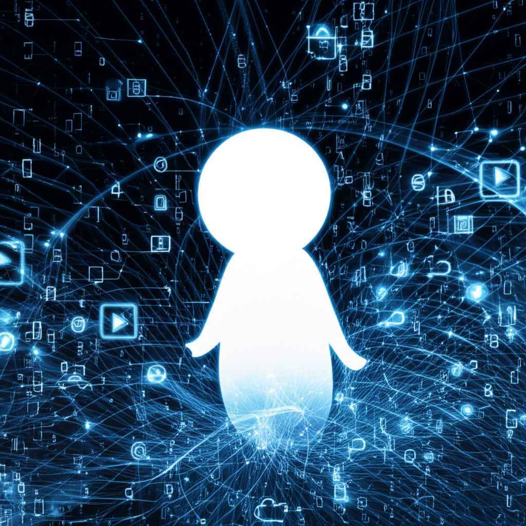 illustration of a mysterious digital identity emerging from a complex online tapestry symbolizing privacy and content creation